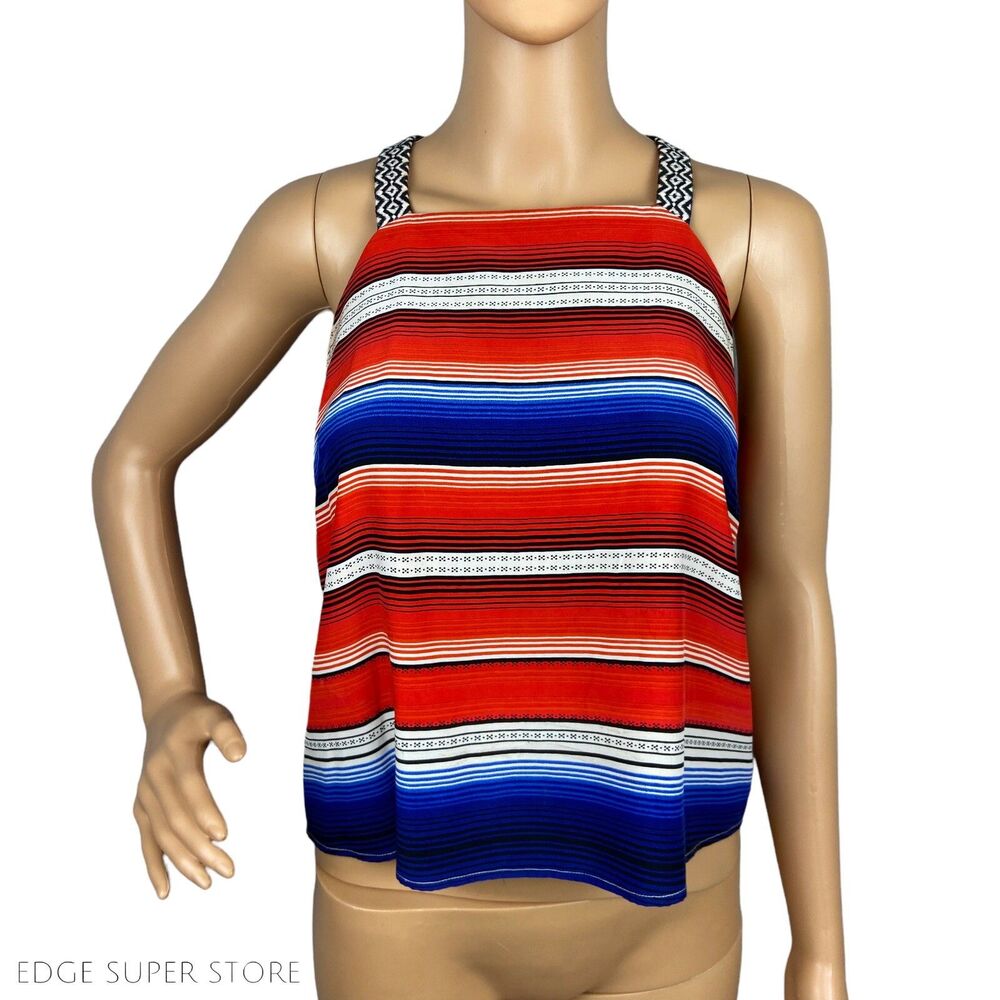 Parker Red Blue White Striped Silk Aztec Print Sleeveless Blouse Top Size Large